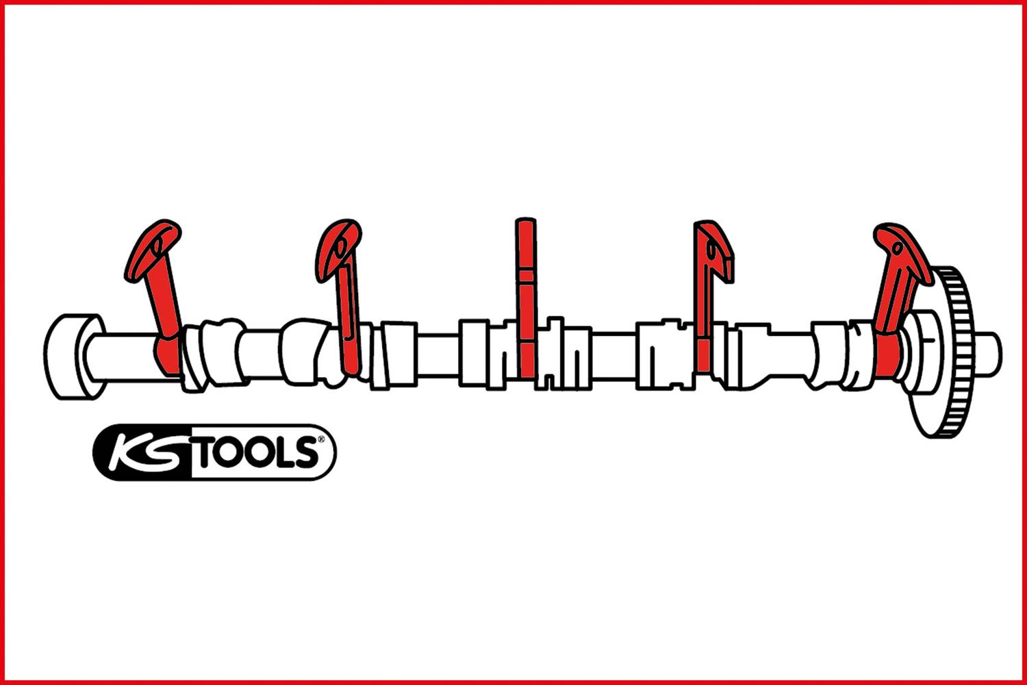 Techniczny rysunek wału rozrządu z czterema czerwonymi oznaczeniami. Logo 'KS Tools' w lewym dolnym rogu.