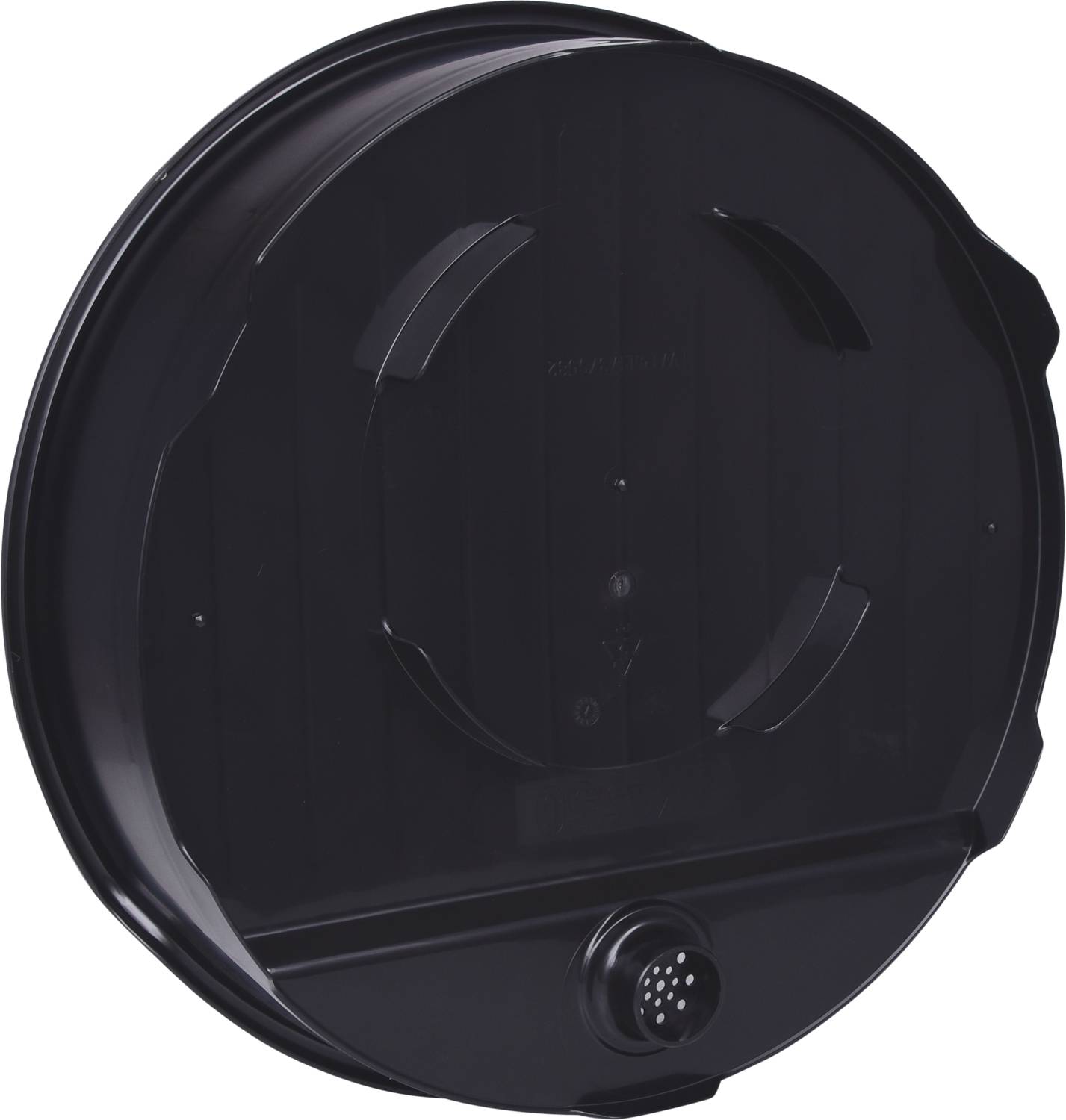 Czarny, okrągły plastikowy pokrywy z centralnym przyłączem do węża ogrodowego lub systemu nawadniania. Odpowiedni do okrągłych pojemników.