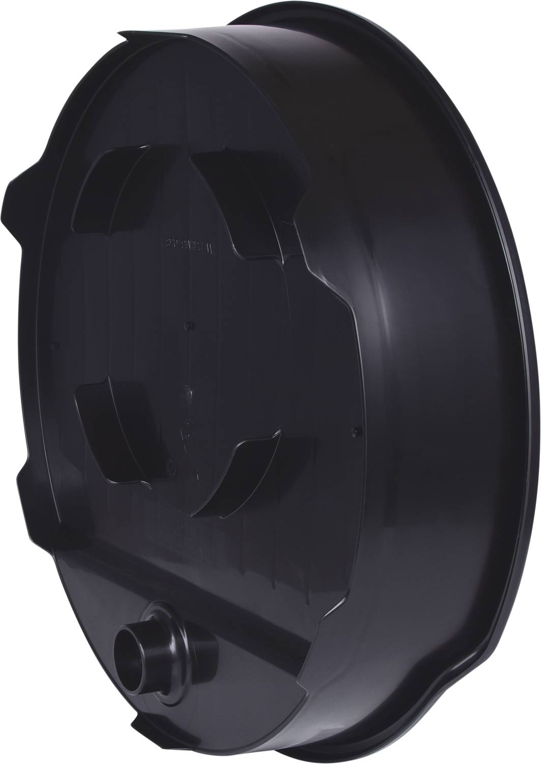 Czarny plastikowy pokrywa z centralnym otworem i bocznymi zaczepami mocującymi, prawdopodobnie do okrągłego pojemnika.