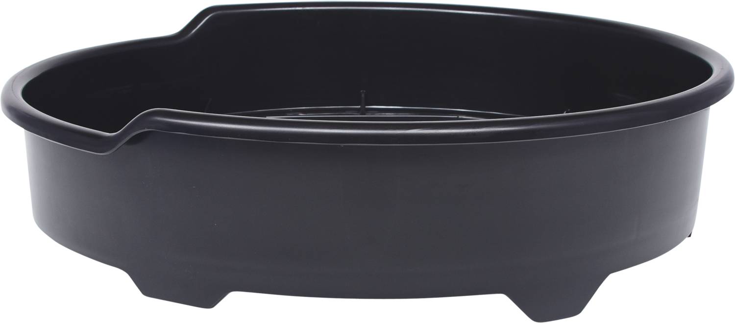Czarna, owalna miska z tworzywa sztucznego z podwyższonym brzegiem i trzema małymi stopkami, prawdopodobnie nadająca się do przechowywania lub jako podstawka.