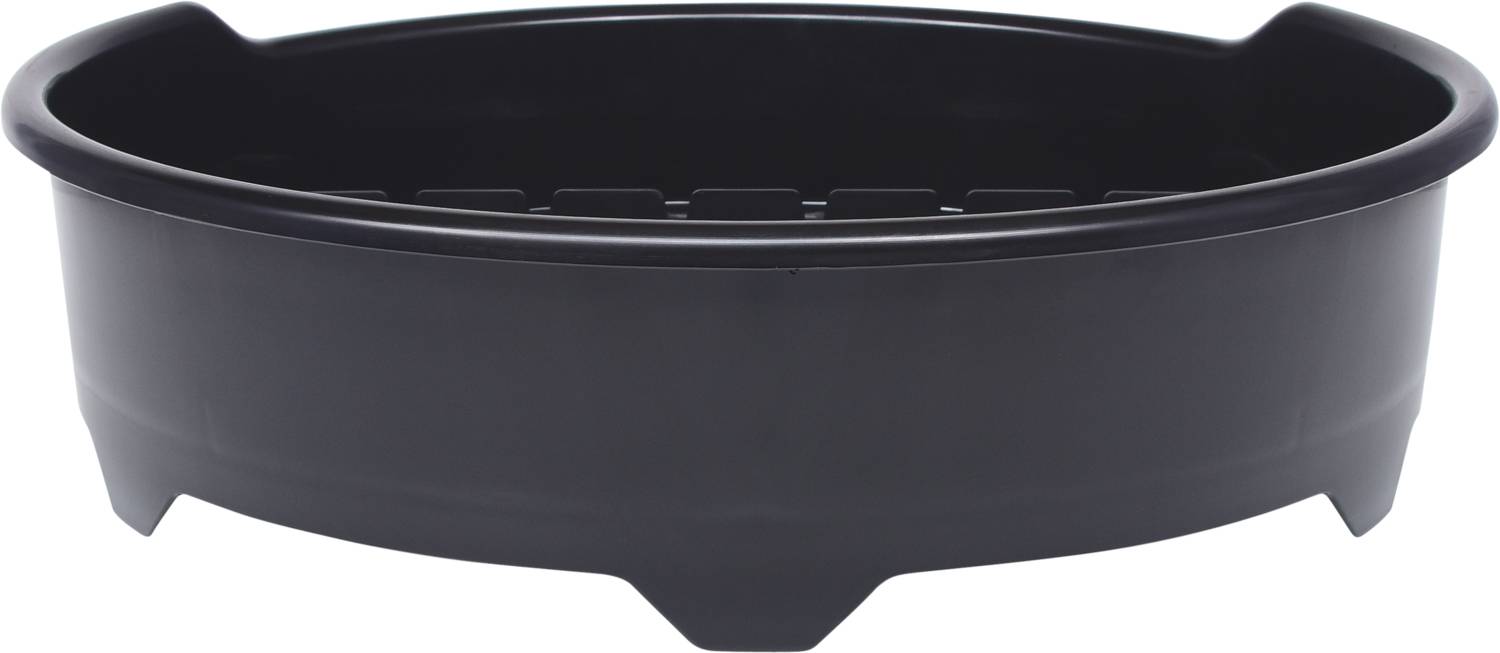 Czarna, okrągła taca z podniesionym brzegiem, która może być używana do transportu lub prezentacji przedmiotów.