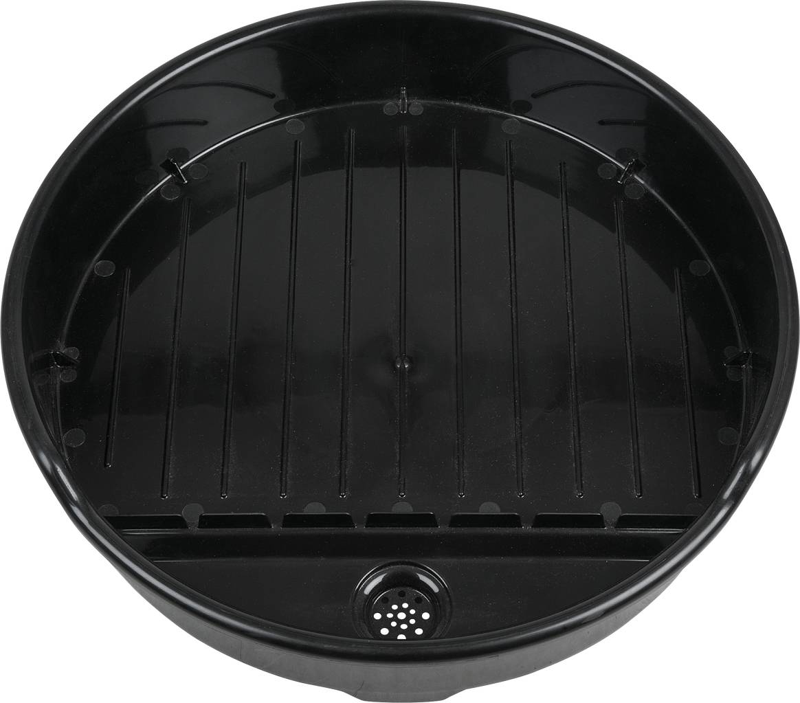 Czarny, okrągły podstawek pod doniczkę z prążkowanym spodem i otworem odpływowym pośrodku. Odpowiedni do kwiatowych garnków.