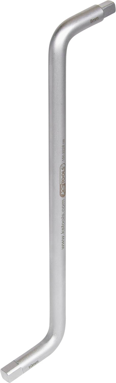 Sześciokątny klucz imbusowy z długim uchwytem, zakrzywiony, przeznaczony do użycia przy trudno dostępnych śrubach. Wykonany z srebrnego metalu, z dwoma kątowo wygiętymi końcówkami.