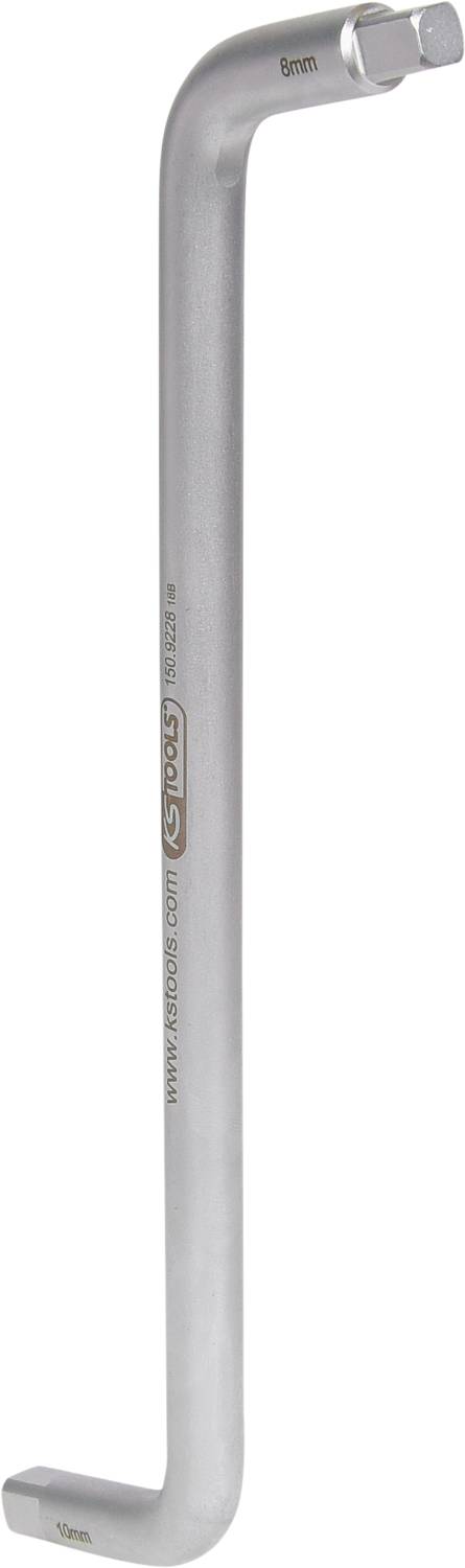 Srebrny klucz imbusowy o dwóch końcówkach, używany do dokręcania lub odkręcania śrub.