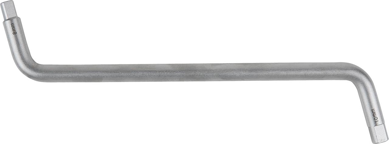 Srebrny klucz imbusowy o sześciokątnych końcówkach.