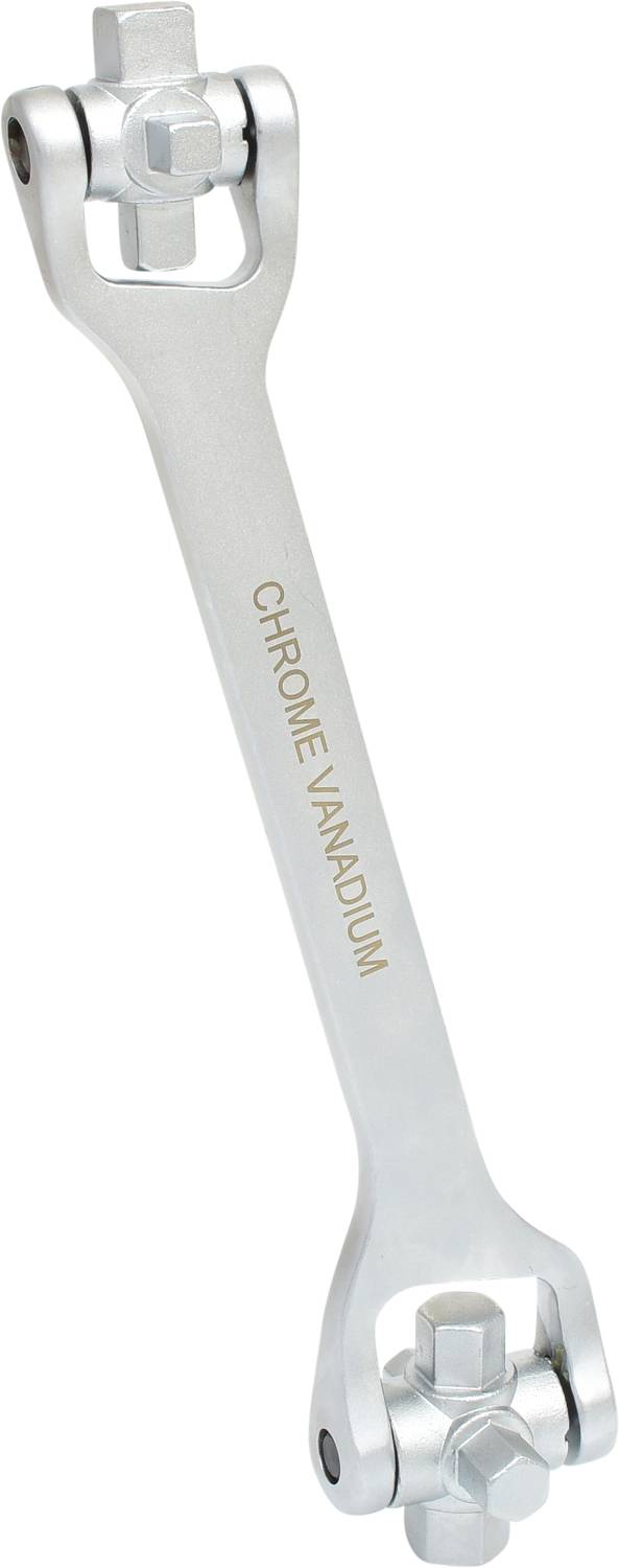 Dwustronny klucz płasko-oczkowy wykonany ze stali chromowo-wanadowej, z sześciokątnymi łbami o różnych rozmiarach na każdym końcu.