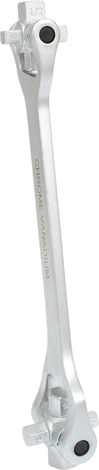 Srebrny uchwyt klucza nasadowego z napisem 'CHROME VANADIUM'. Jest wykonany z metalu, z przegubem na jednym końcu.