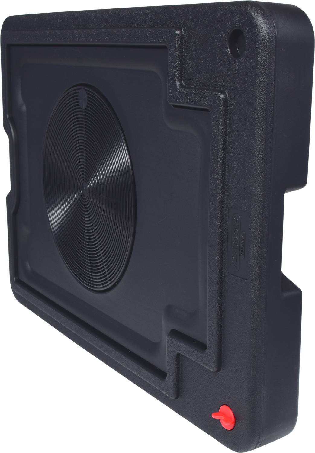 Czarna plastikowa wanna wychwytowa ze wzorem radialnym i czerwonym zamknięciem spustowym, używana do zbierania cieczy.