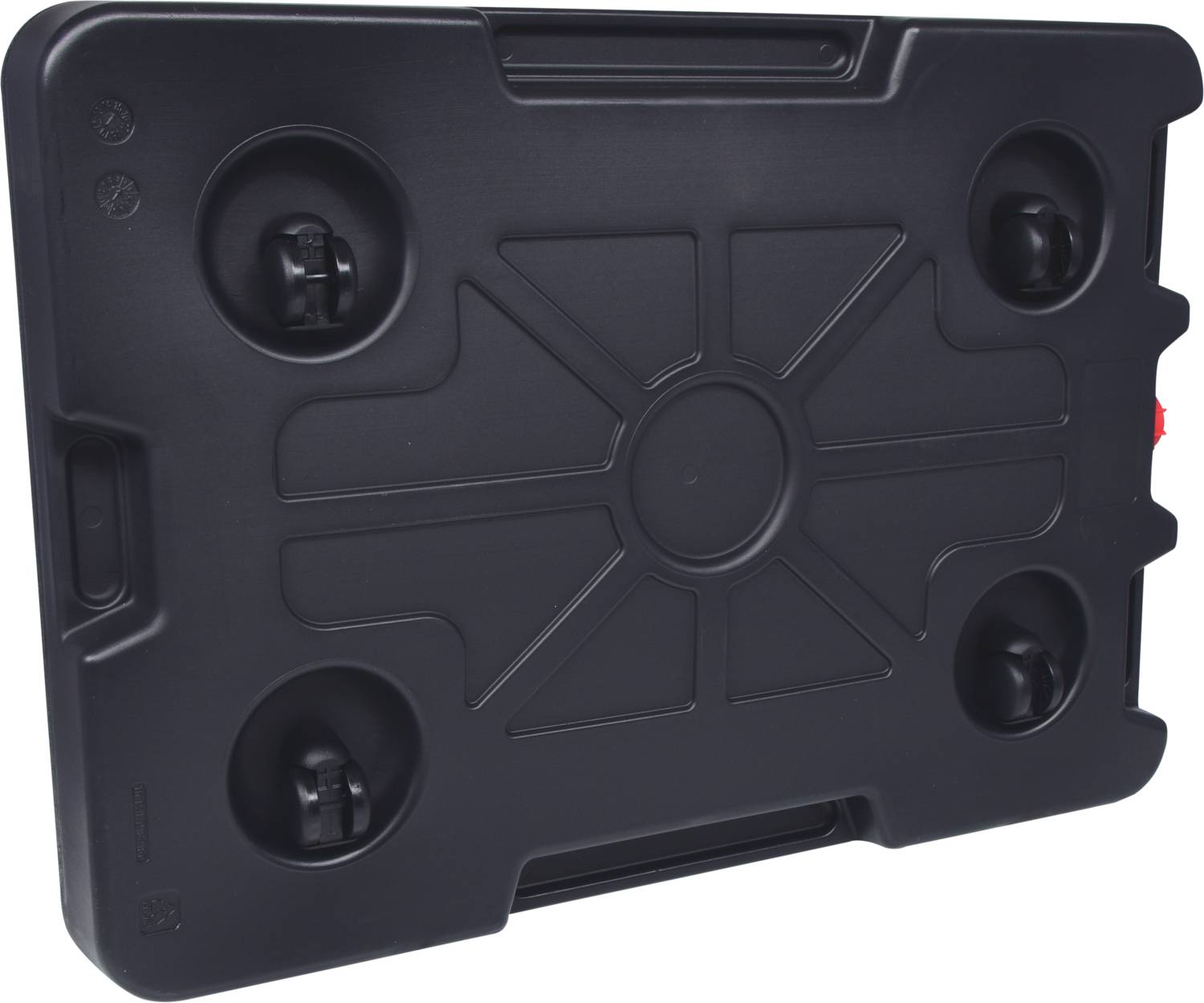 Prostokątna, solidna czarna pokrywa plastikowego pojemnika z pięcioma okrągłymi wgłębieniami i bocznymi wcięciami na uchwyty.