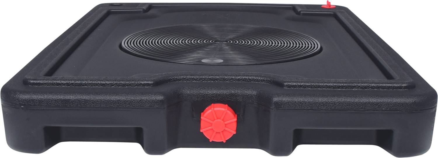 Czarny pojemnik na zużyty olej z czerwoną zakrętką i lejkiem, przeznaczony do zbierania oleju silnikowego lub innych płynów.