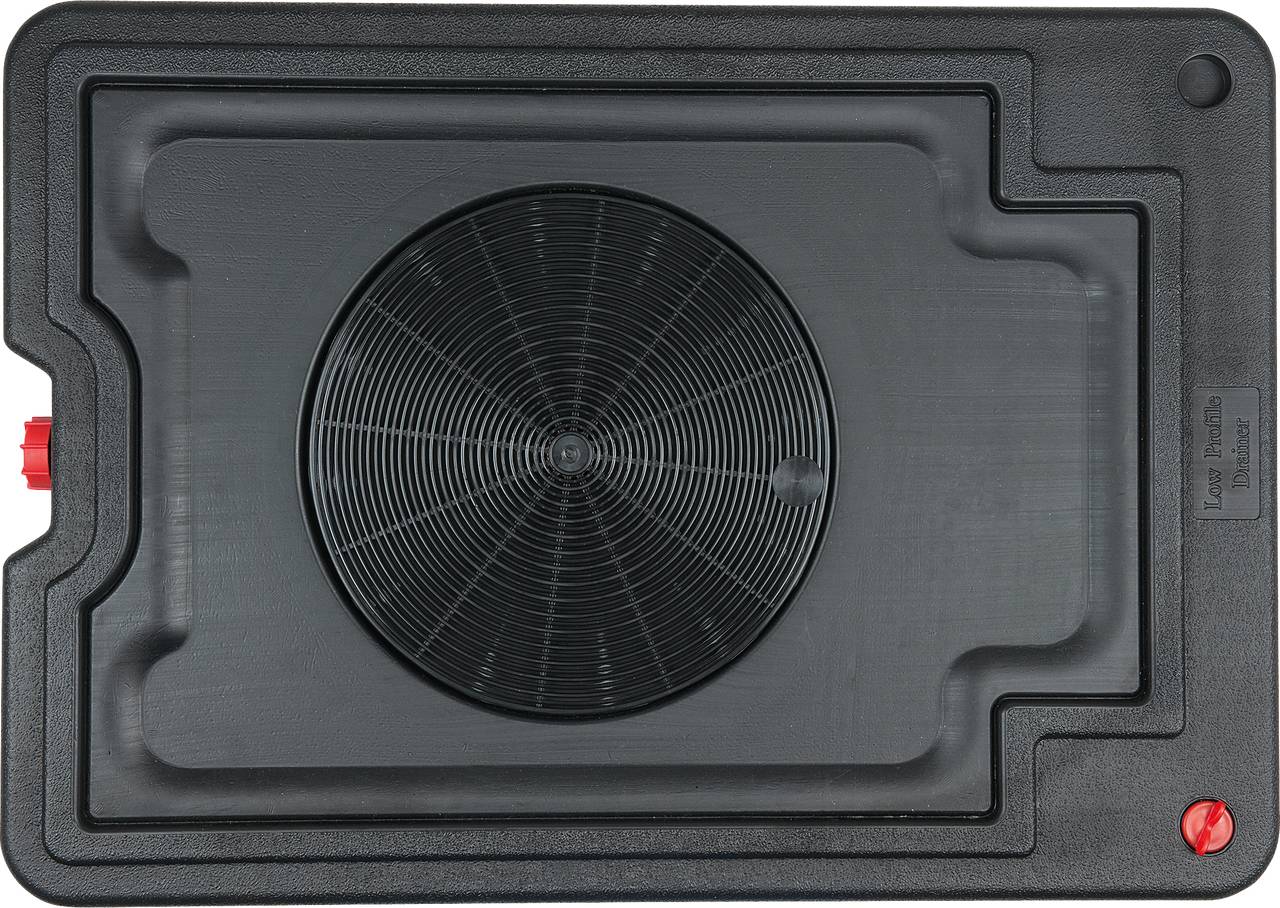 Czarna wanna wychwytowa z falistą, okrągłą powierzchnią pośrodku, odpowiednia do gromadzenia cieczy.