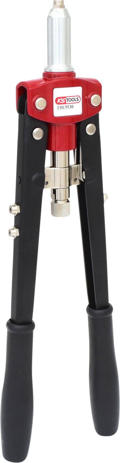 Szczypce do nitowania z czerwonym i czarnym uchwytem, odpowiednie do mocowania nitów w różnych materiałach.