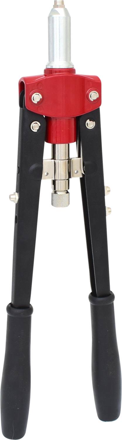 Szczypce do nitowania z czerwonymi i czarnymi rękojeściami, trzymane pionowo. Używane do mocowania nitów w różnych materiałach.