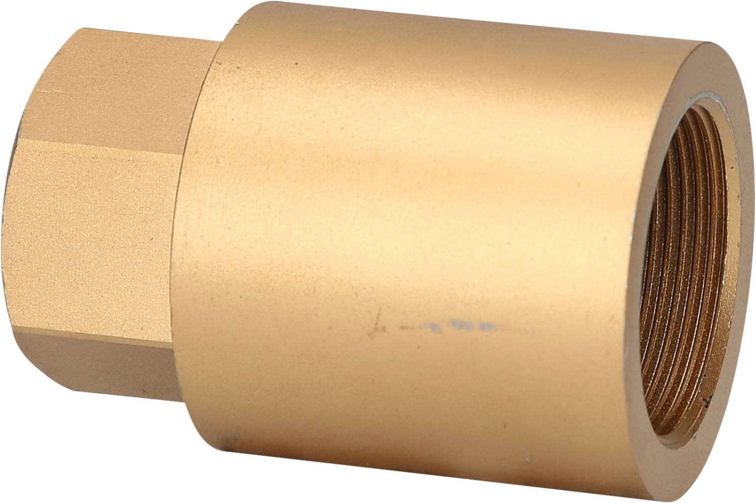 Adapter mosiężny, o cylindrycznym kształcie, z jednym końcem gwintowanym wewnętrznie i drugim końcem z gniazdem sześciokątnym.