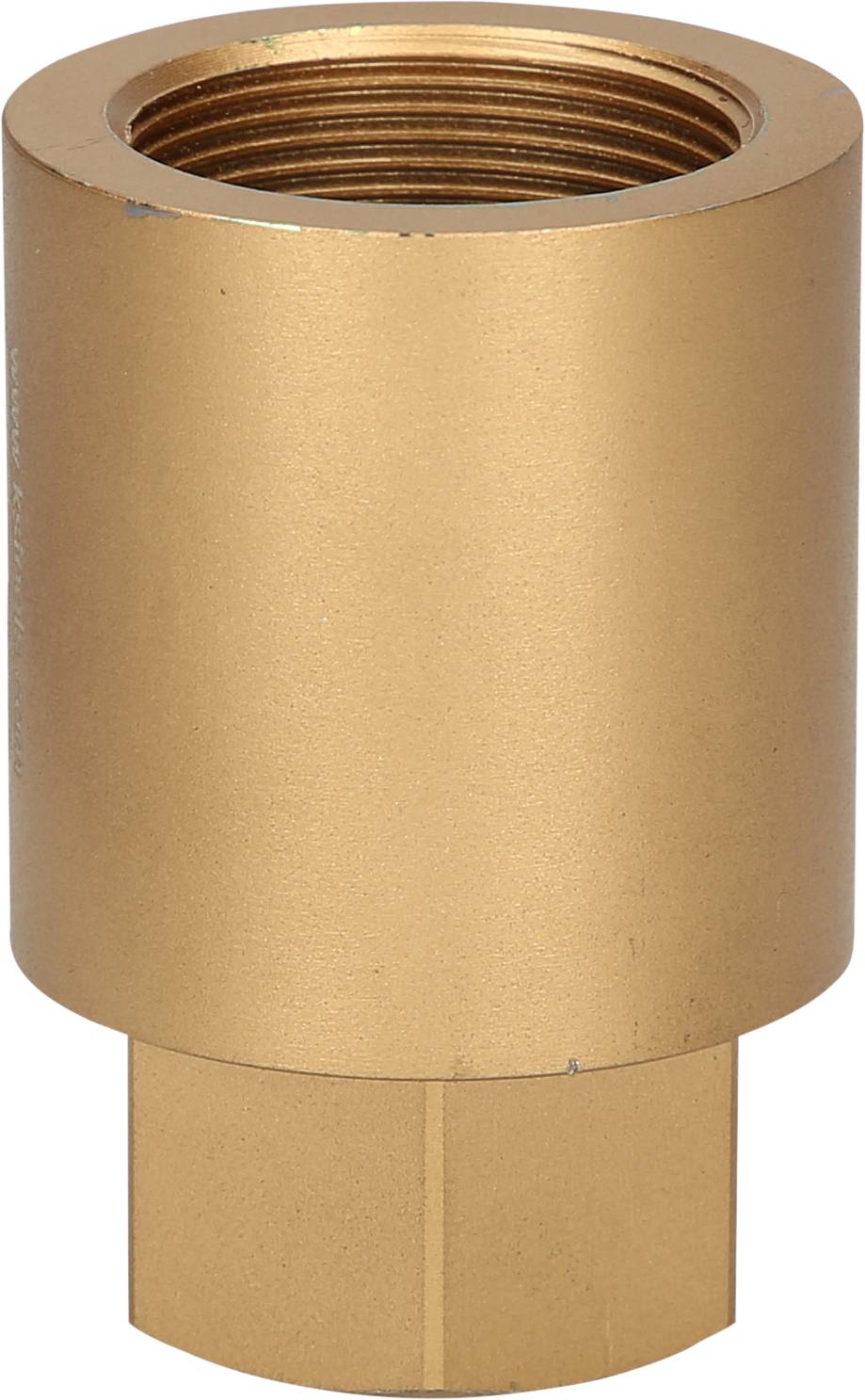 Złączka mosiężna o kształcie cylindrycznym, odpowiednia do połączeń rurowych. Kolor złoty z gładką powierzchnią, bez widocznych oznaczeń.