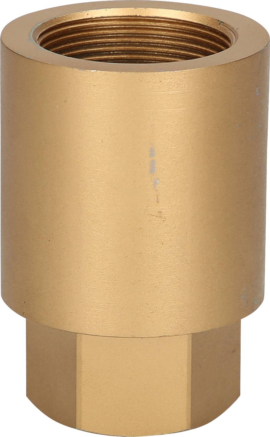 Mosiężny adapter wentylacyjny z gwintem wewnętrznym, o kształcie cylindrycznym, z matową powierzchnią w kolorze złota, przeznaczony do podłączenia rury.