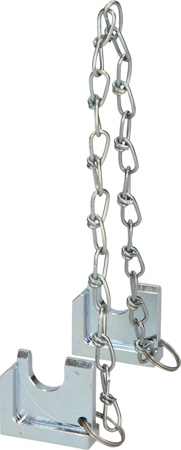 Metalowy łańcuch z dwoma hakami, zamocowany na metalowym uchwycie.