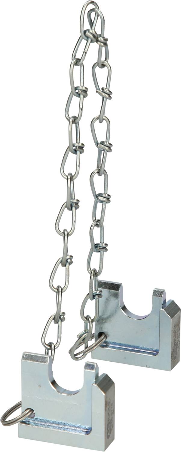 Dwa metalowe haki zawieszeniowe połączone konstrukcją łańcuchową, prawdopodobnie przeznaczone do podtrzymywania ciężkich obiektów lub struktur.