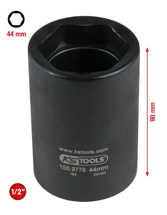 Nasadka 'KS Tools', 44 mm średnicy, napęd 1/2 cala. Powierzchnia czarna, otwór sześciokątny. Długość: 60 mm.