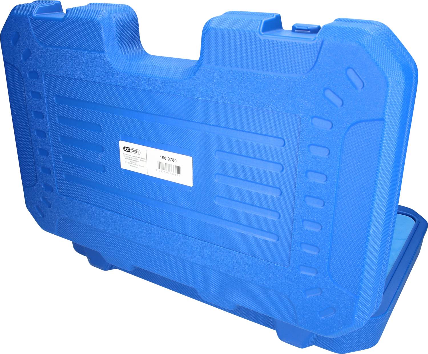 Niebieski plastikowy kufer z uchwytem i zamknięciami, prawdopodobnie odpowiedni do przechowywania narzędzi lub urządzeń.