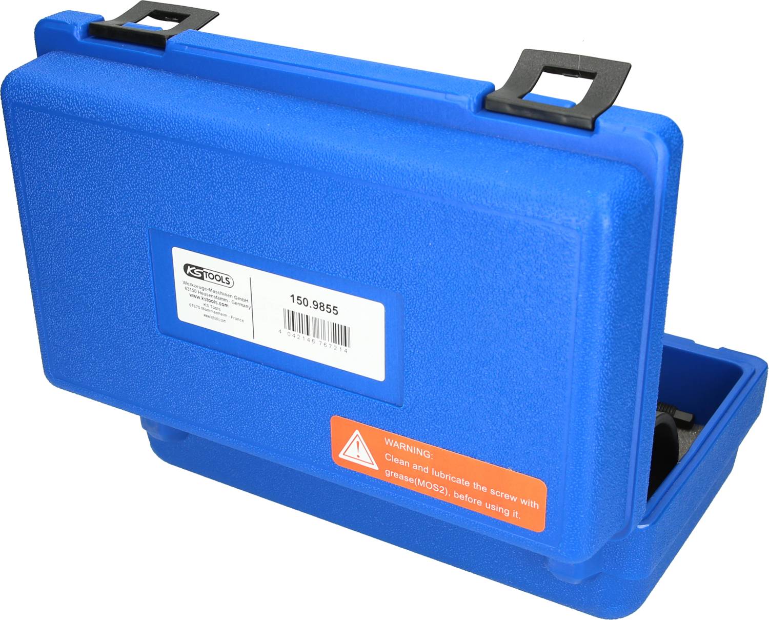 Niebieski kufer na narzędzia z zaciskami, etykietą i ostrzeżeniem: "Przed użyciem nasmarować tłuszczem".