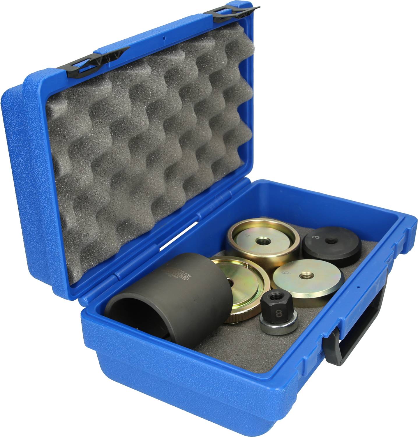 Niebieski plastikowy kufer z wyściółką piankową zawiera kilka metalowych narzędzi o różnych kształtach i rozmiarach przeznaczonych do naprawy samochodów.