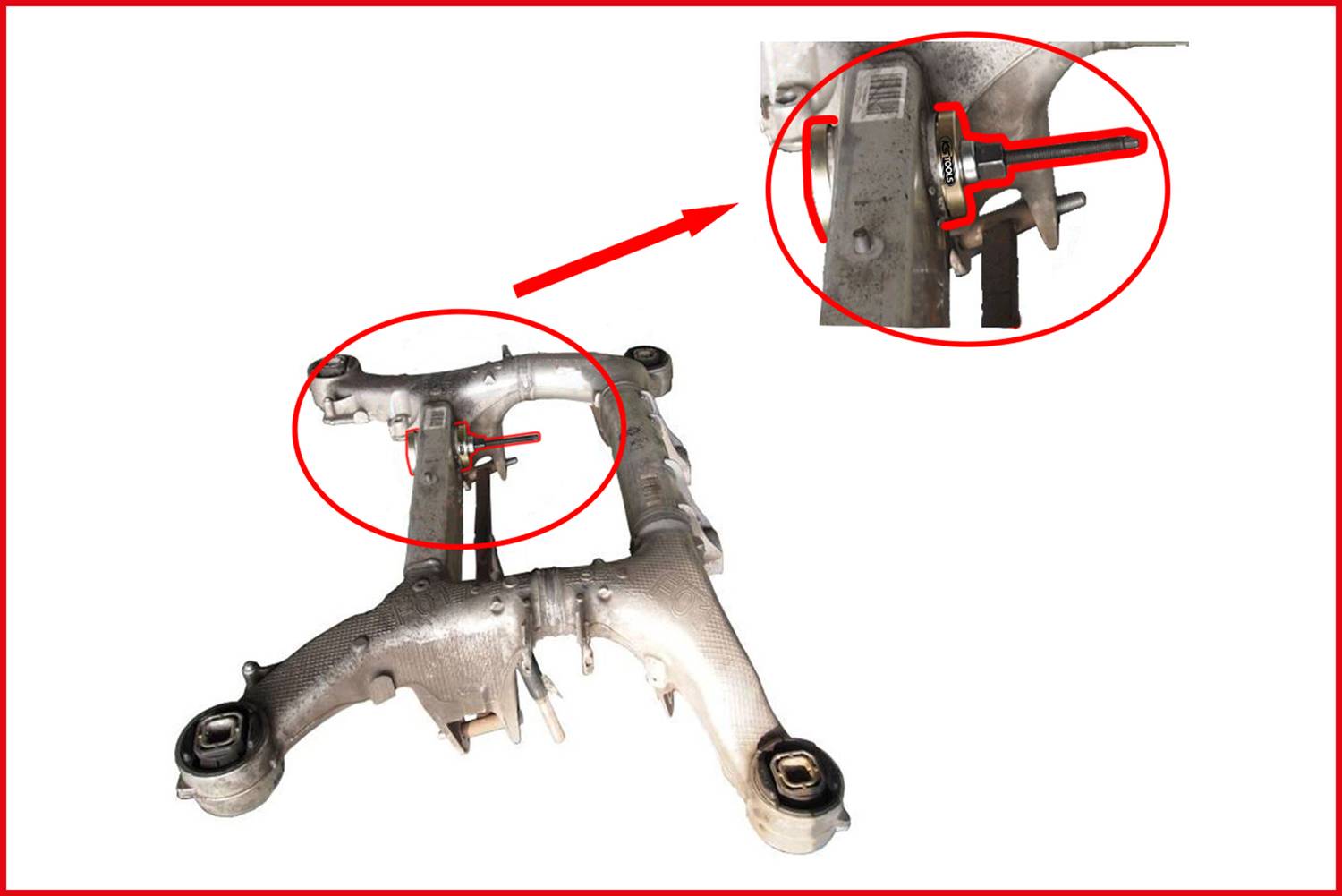 Element zawieszenia z bliskim ujęciem mocowanego elementu śrubowego, ukazujący połączenie i strukturę części.