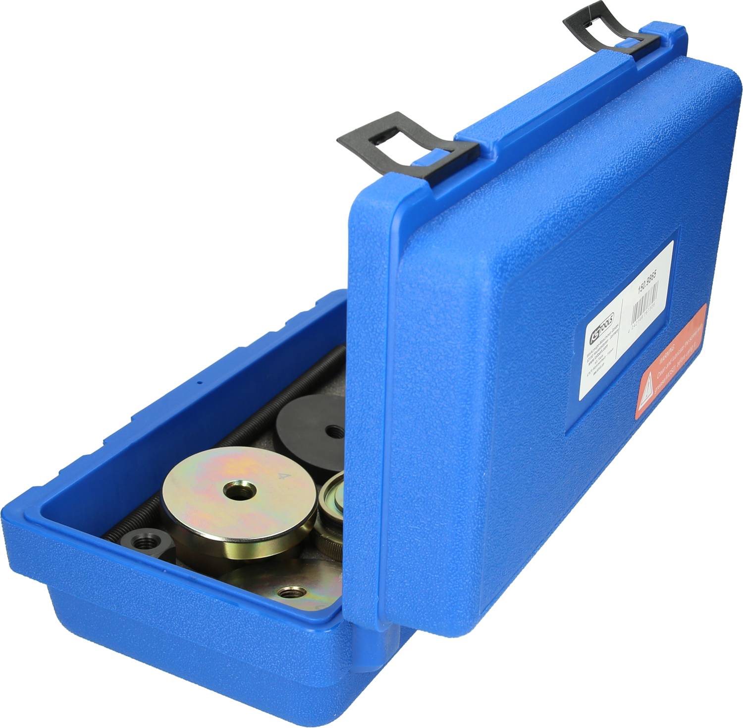 Niebieski kufer narzędziowy częściowo otwarty, z widocznymi wewnątrz różnymi metalowymi elementami i krążkami, prawdopodobnie przeznaczonymi do napraw samochodowych.