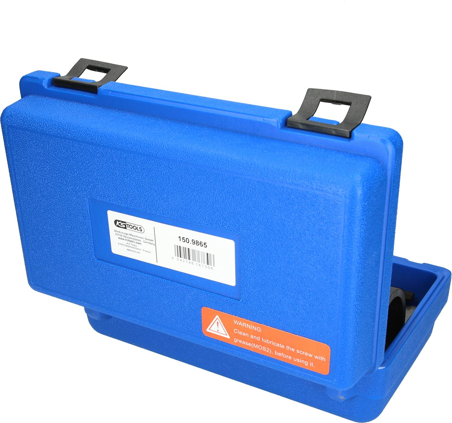 Niebieski plastikowy kufer z dwoma czarnymi zamknięciami, etykietą i ostrzeżeniem. Zawiera niezidentyfikowany sprzęt lub narzędzia.