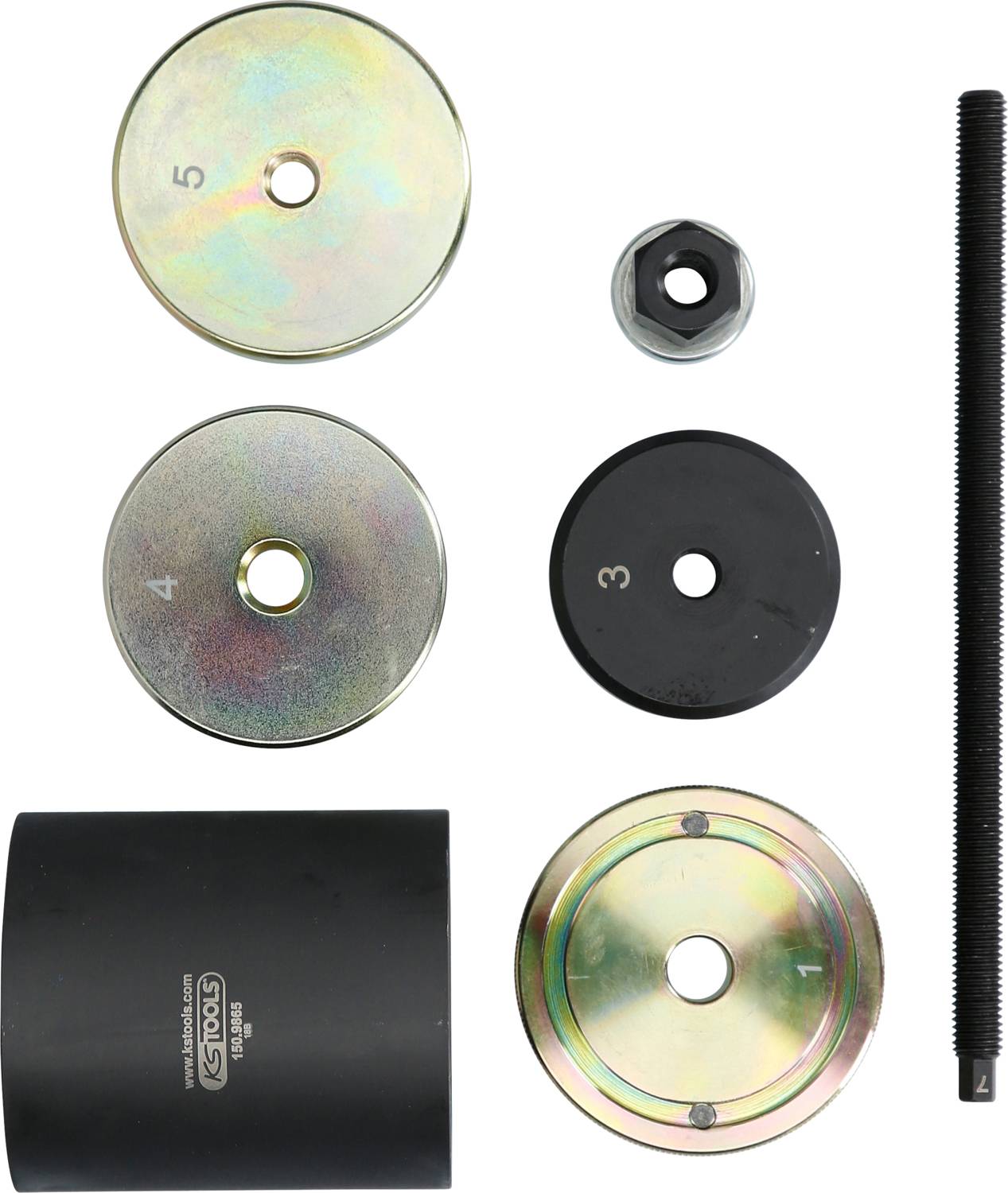 Kilka okrągłych elementów metalowych i plastikowych, ponumerowanych od 1 do 5, a także długa śruba i nakrętka, jak w zestawie narzędziowym.