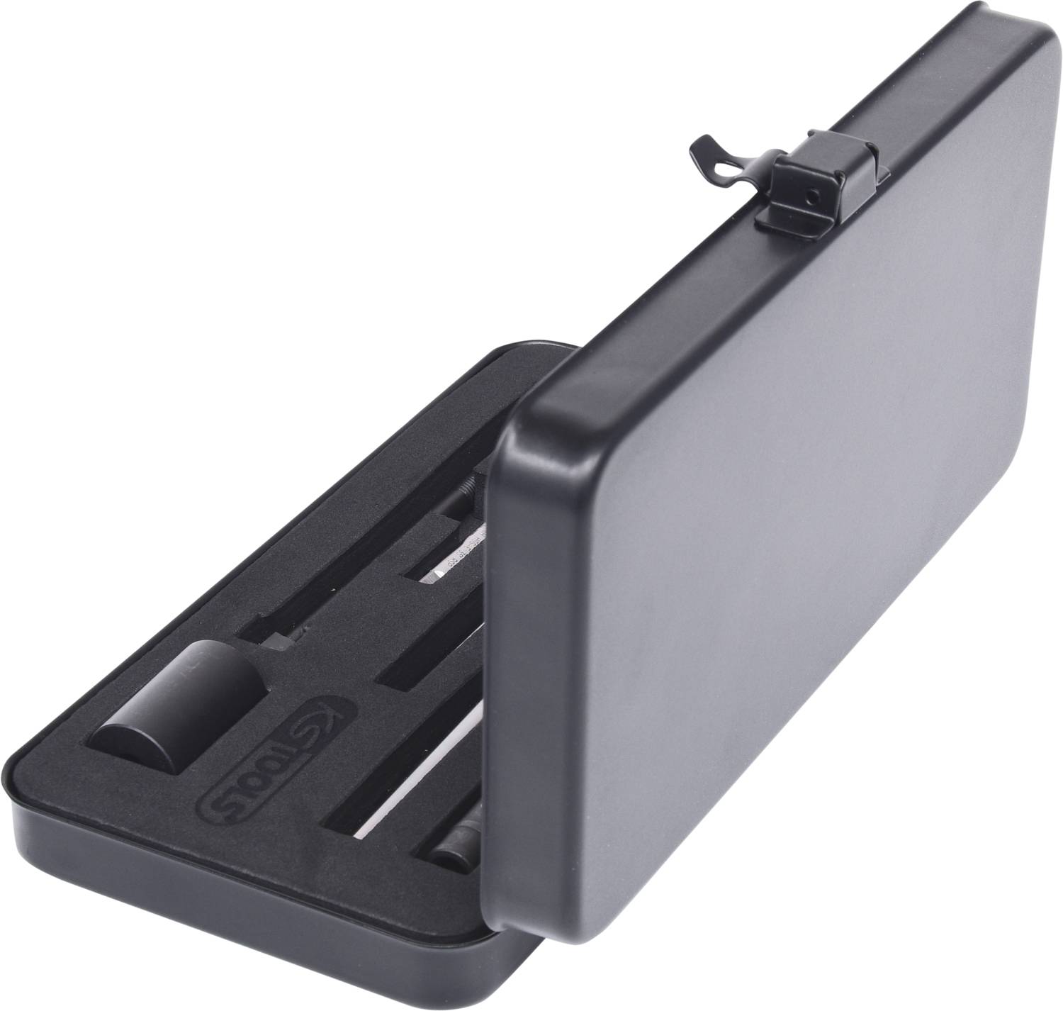 Czarna plastikowa skrzynka otwarta, widok wewnętrzny z wkładką piankową, pasująca do zestawu laserowego poziomnika, 3 przegródki na części.