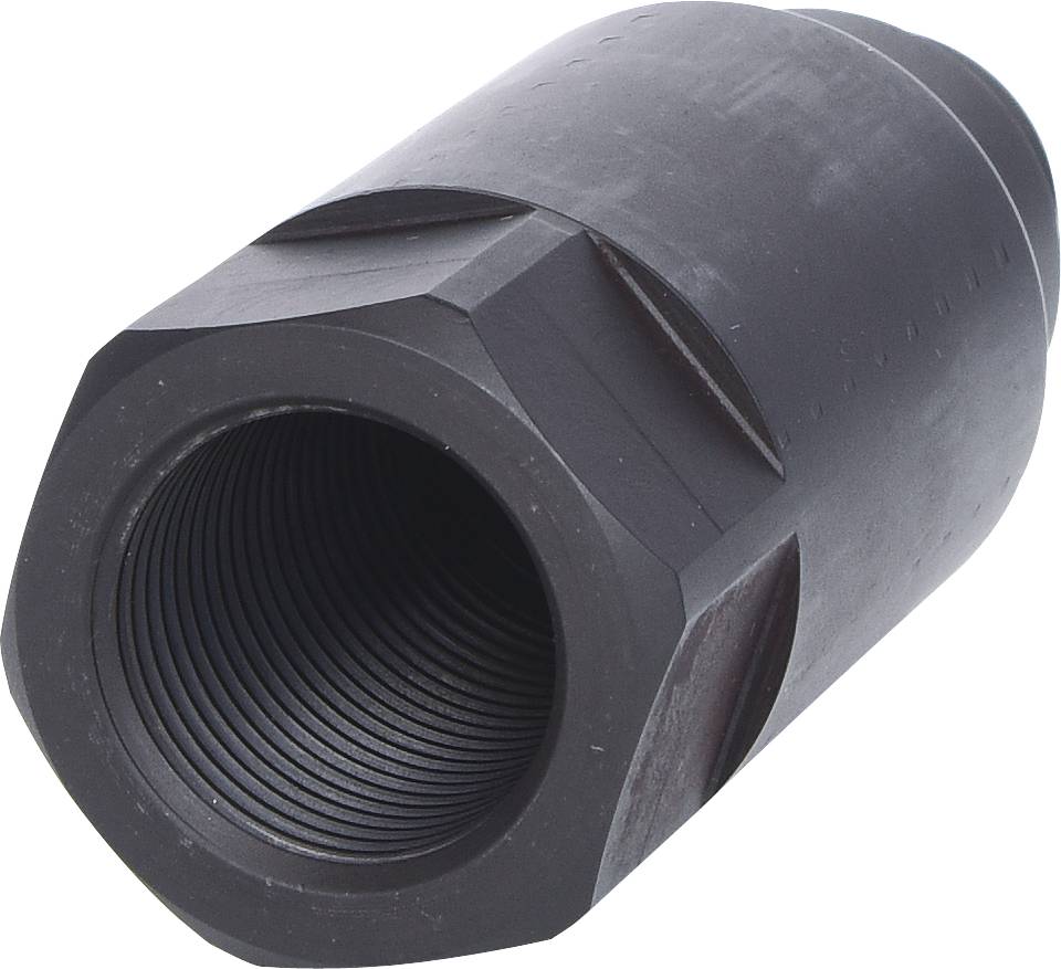 Czarny, cylindryczny element metalowy z gwintem wewnętrznym, prawdopodobnie element mocujący lub adapter.