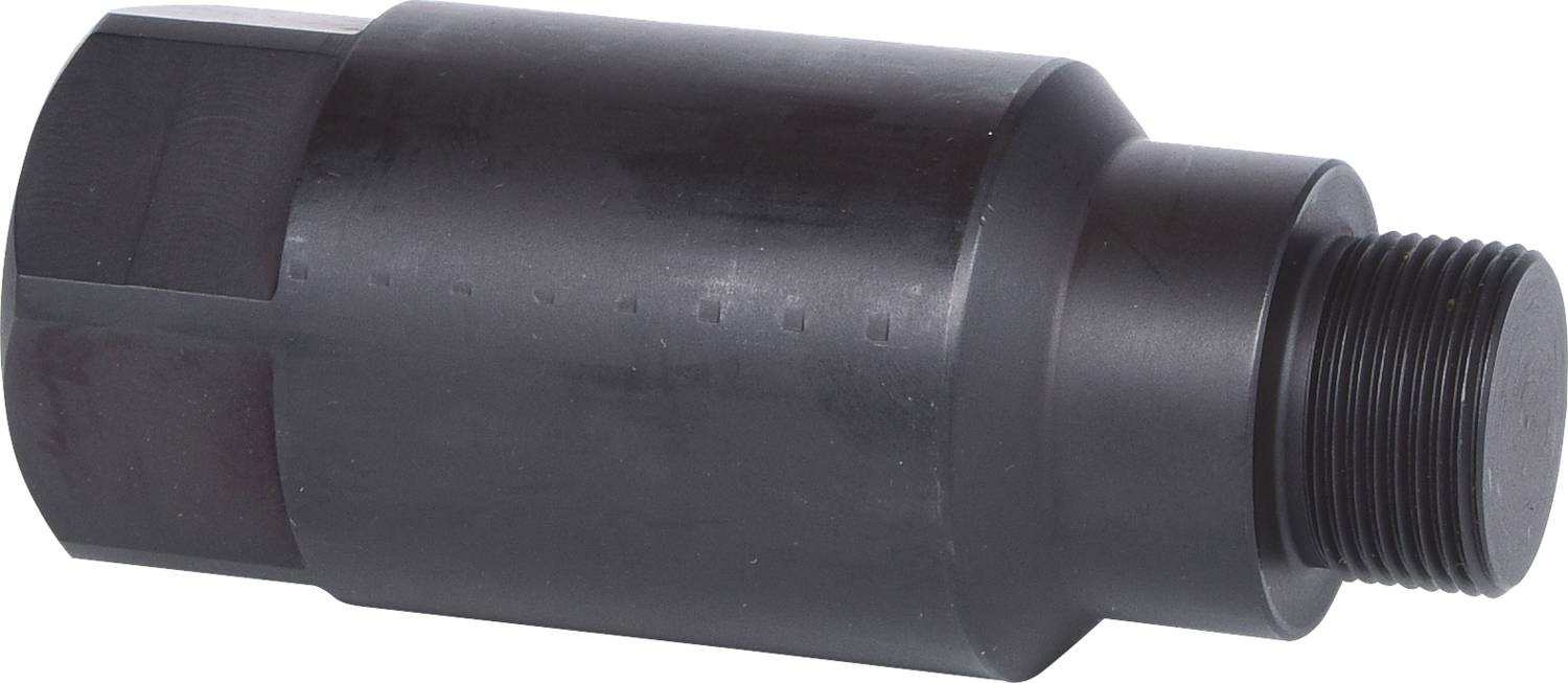 Metalowy hydrauliczny cylinder adaptera o kształcie cylindrycznym, gładkiej powierzchni i dwóch różnych gwintach przyłączeniowych.