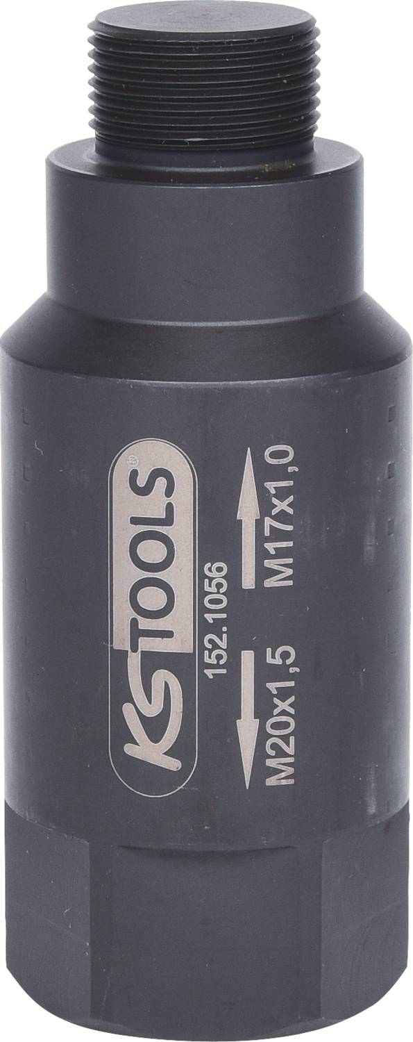 Adapter firmy KS Tools ma oznaczenie 'M17x1.0' i 'M20x1.5'. Czarne metalowe narzędzie z gwintem.
