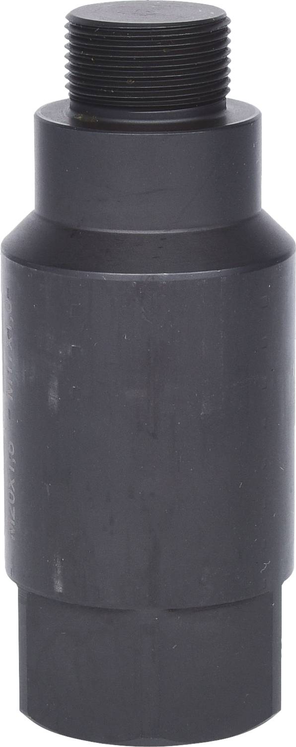 Czarny cylindryczny adapter z gwintem na jednym końcu, prawdopodobnie wykonany z metalu, przeznaczony do zastosowań przemysłowych lub technicznych.