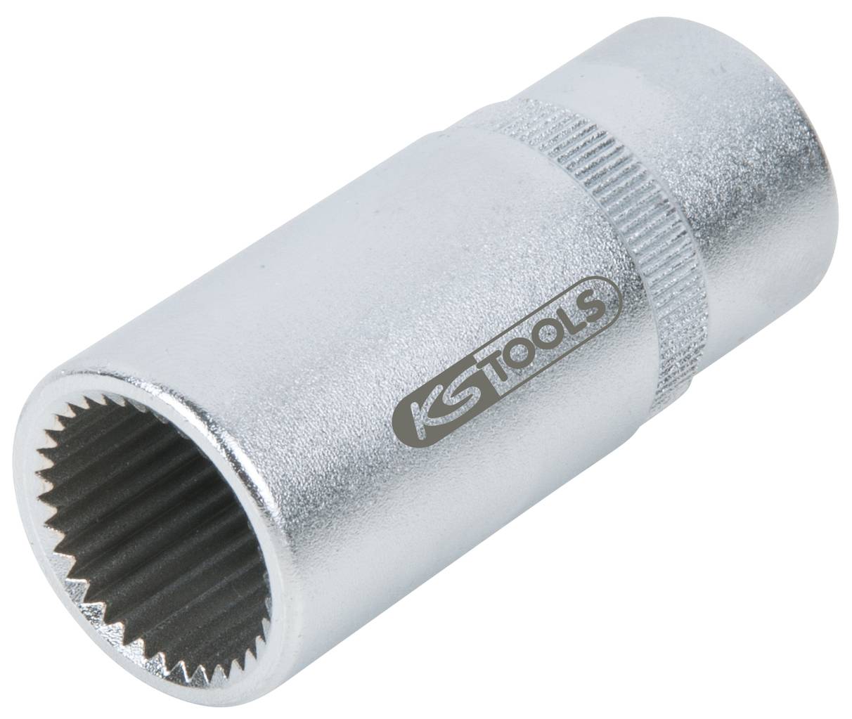 Srebrna nasadka z rowkowaną powierzchnią wewnętrzną i logo 'KS Tools'. Narzędzie do mocowania i odkręcania nakrętek.