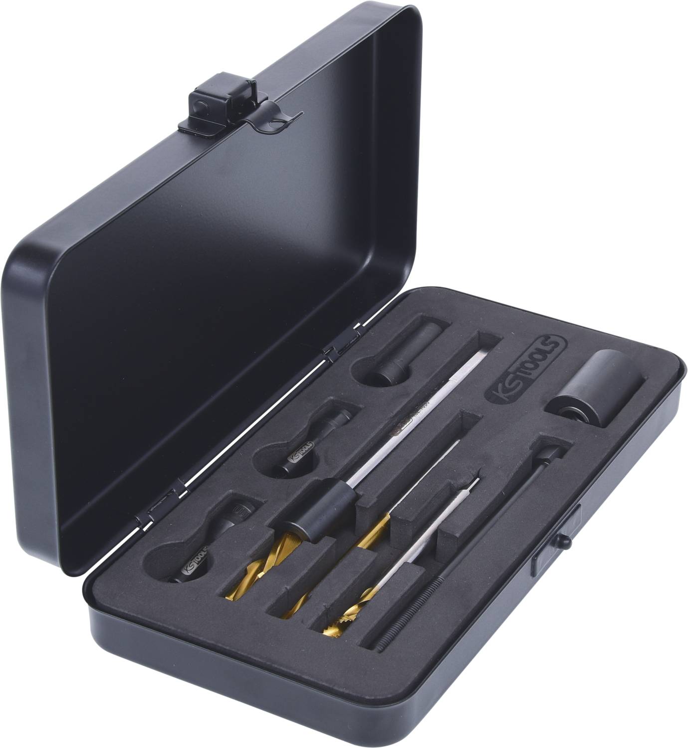 Zestaw wierteł w czarnym, otwartym etui z różnymi wiertłami i akcesoriami, starannie ułożonymi w wyprofilowanych wkładkach piankowych.