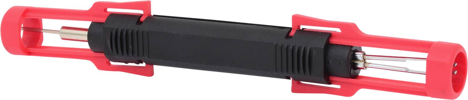 Czerwono-czarskie narzędzie do zdejmowania izolacji z przewodów, wyposażone w dwa różne rodzaje ostrzy na końcach, stosowane podczas prac kablowych.