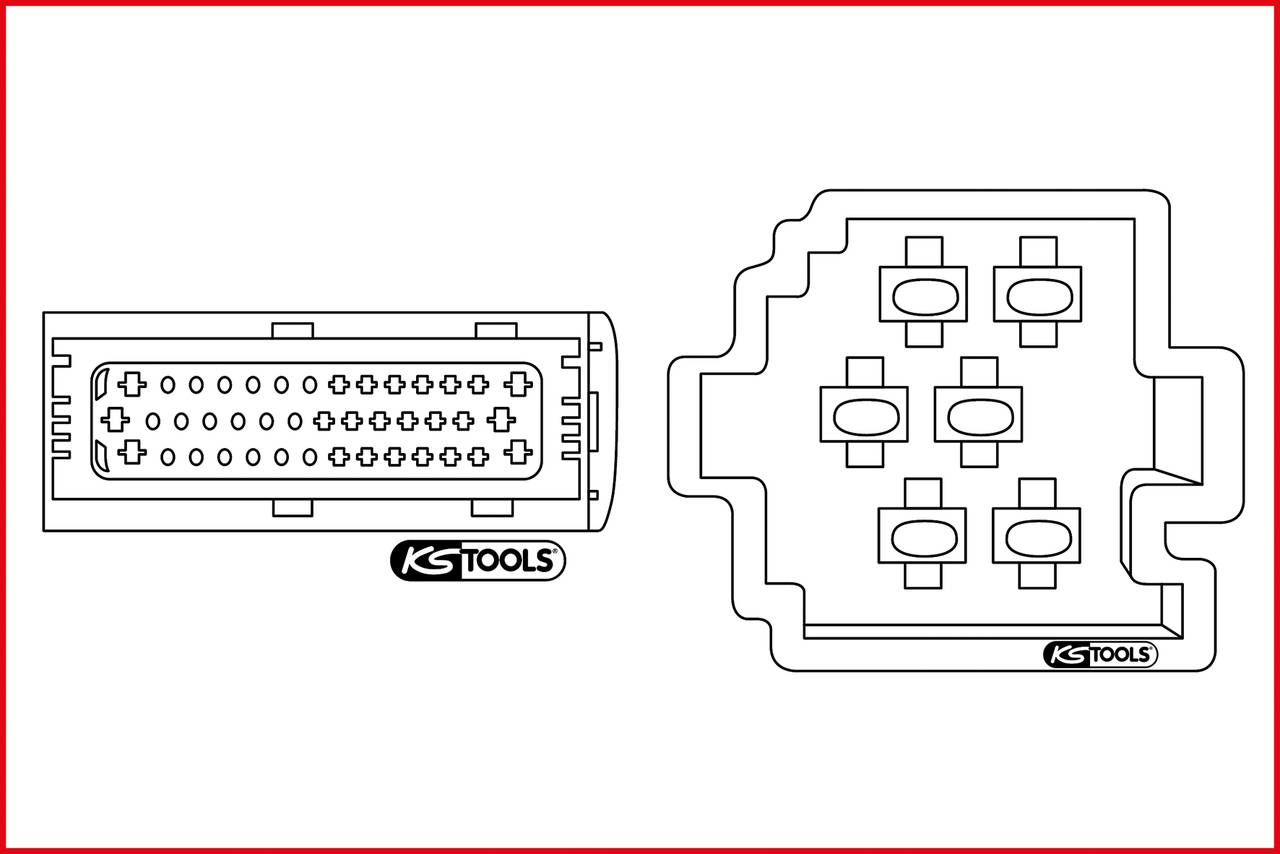 Rysunek wielobiegunowego wtyczki i gniazdka elektrycznego. Oba przedstawiają piny przyłączeniowe w diagramie mechanicznym.