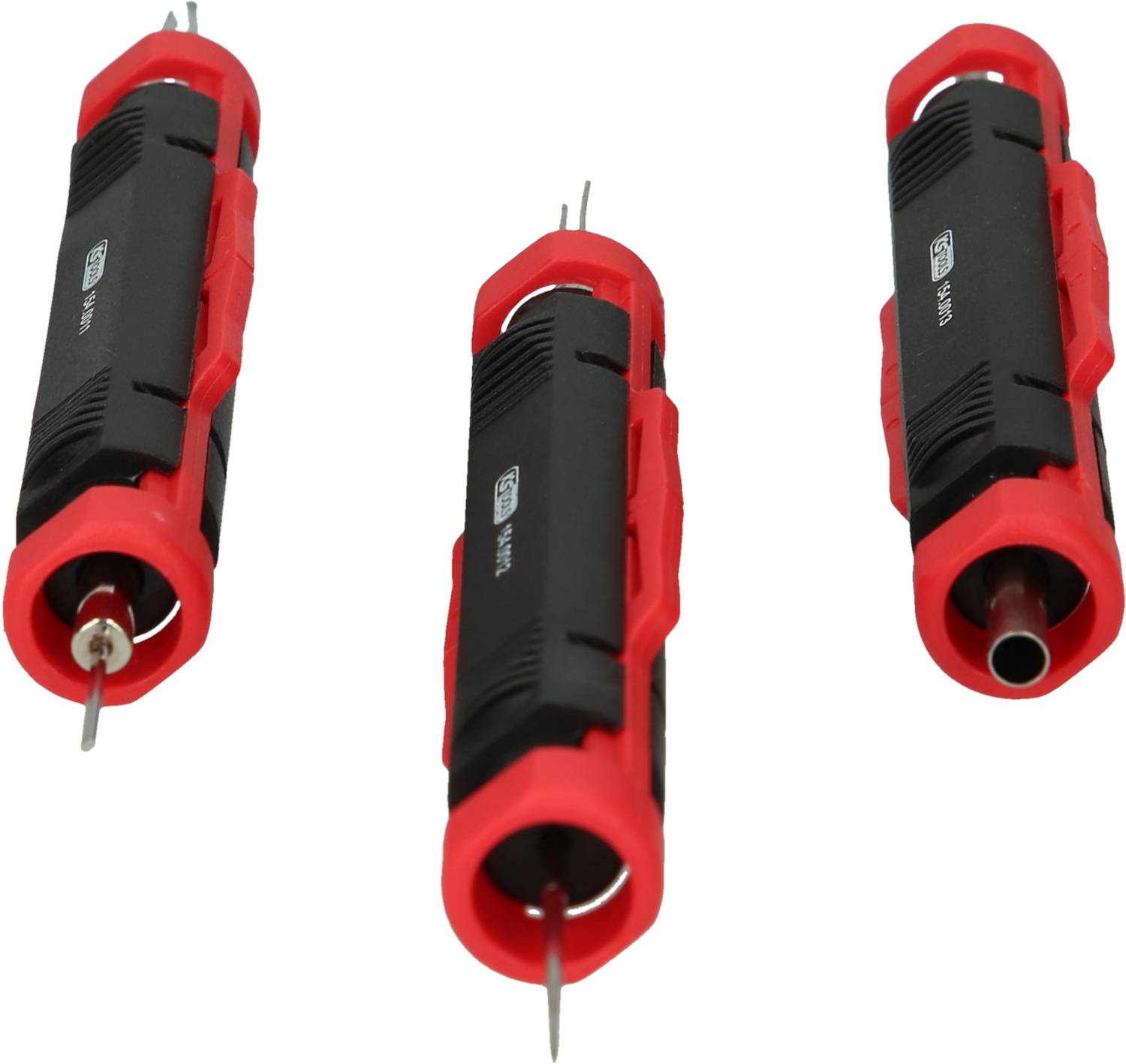 Trzy narzędzia z tworzywa sztucznego z czerwonymi uchwytami i czarnymi oprawkami, każde zakończone metalowym czubkiem, ułożone w kształcie trójkąta.