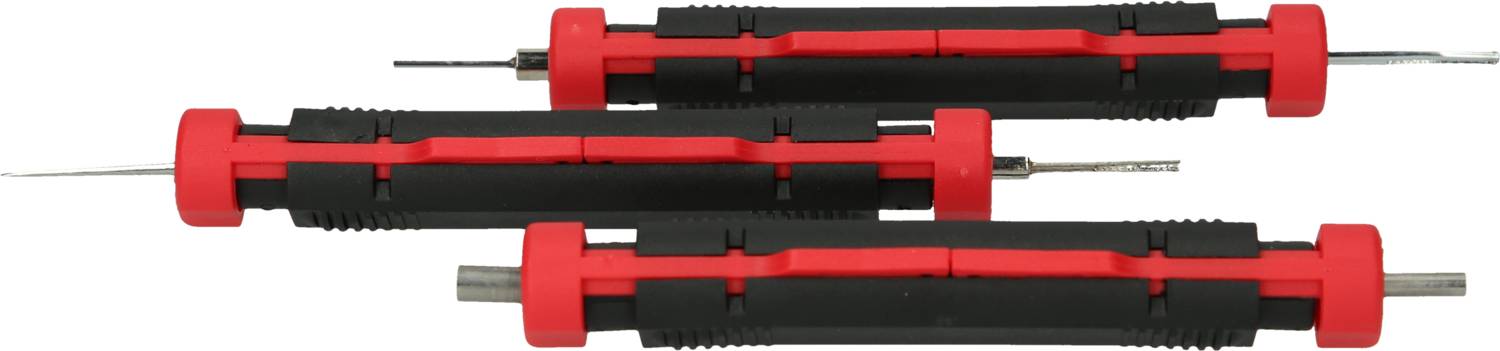 Trzy narzędzia do pobierania próbek w kolorach czerwono-czarnych, różnej wielkości, leżą obok siebie.