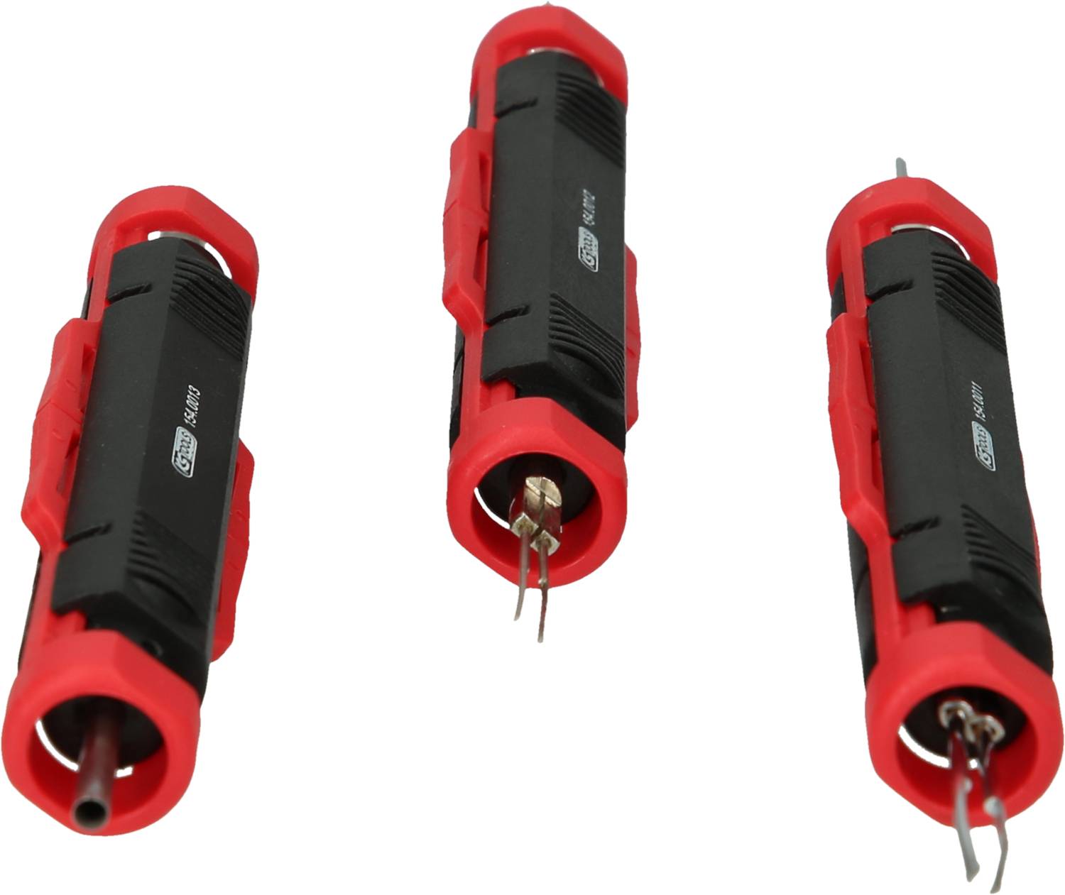 Trzy czerwone i czarne narzędzia z metalowymi końcówkami, prawdopodobnie do testowania połączeń elektrycznych.