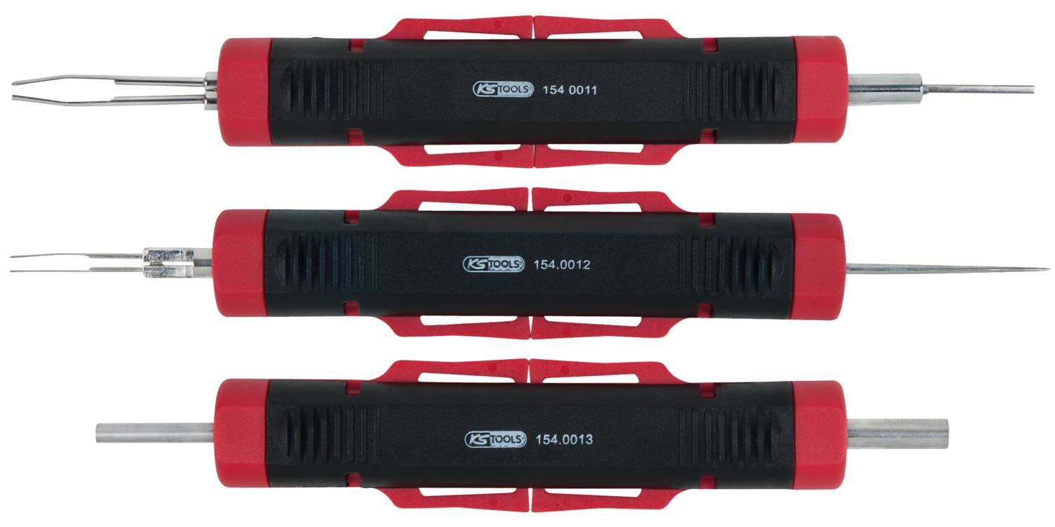 Trzy precyzyjne narzędzia z czarnymi uchwytami i czerwonymi końcówkami, każde z innymi rodzajami czubków przeznaczone do prac elektronicznych.