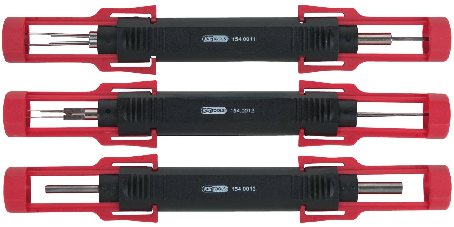 Trzy czerwone narzędzia specjalistyczne z czarnym uchwytem firmy KS Tools, o numerach modeli 154.0011, 154.0012 i 154.0013, leżą równolegle.