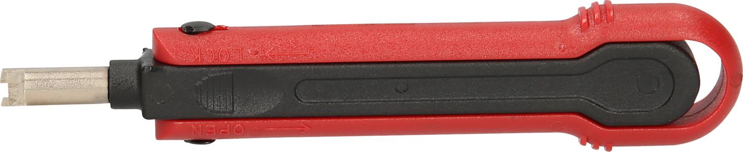 Czerwone narzędzie pomiarowe z czarnym uchwytem i metalowym końcem, używane do rozłączania lub usuwania połączeń.