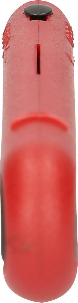 Czerwony uchwyt szczypiec z czarnym pokrętłem na górze, prezentujący widok z przodu narzędzia.