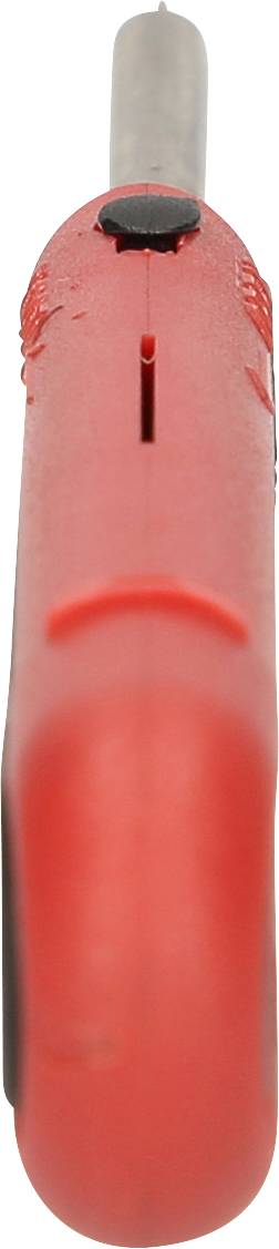 Czerwony nóż do tapet z czarnym przesuwnikiem i srebrnym ostrzem.