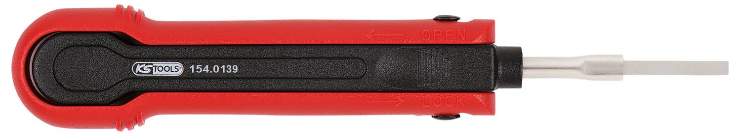 Czerwony, płaski wkrętak z czarną rękojeścią firmy KS Tools, numer modelu '154.0139'.