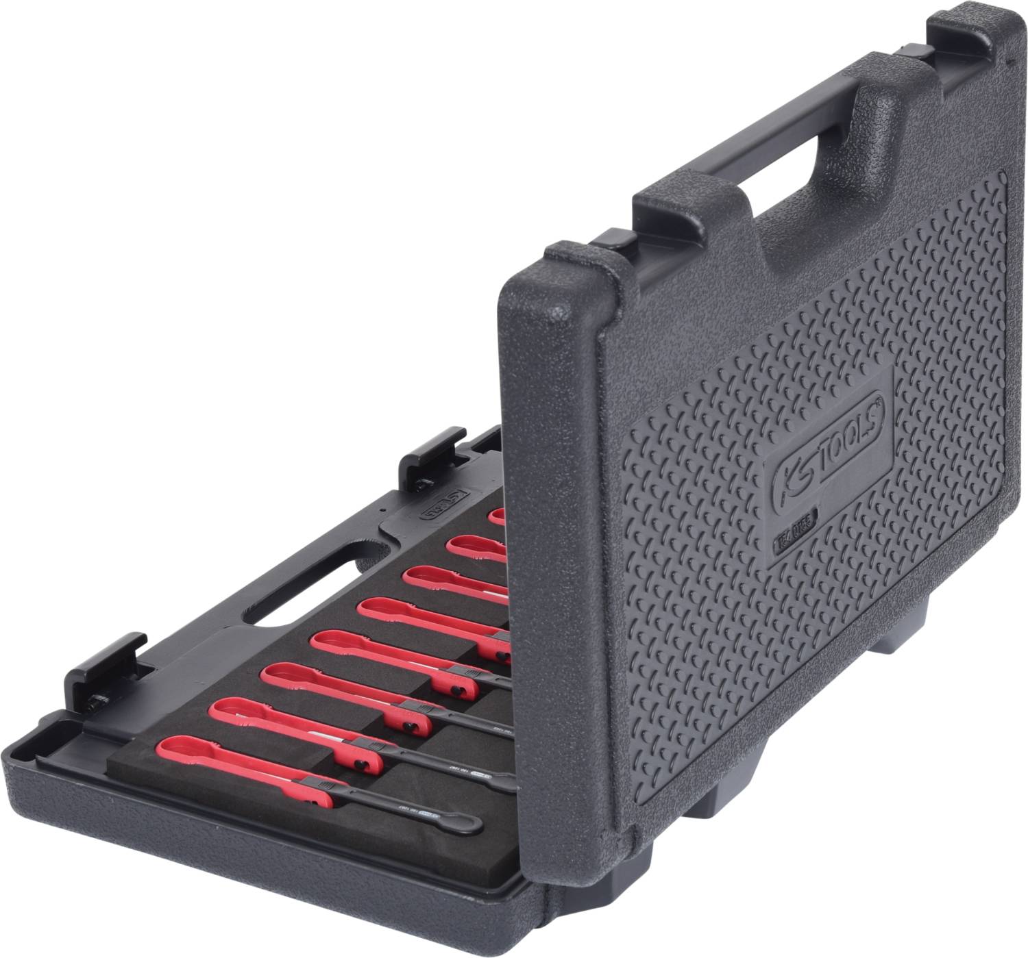 Składany kufer narzędziowy z ośmioma wkrętakami o różnych rozmiarach, starannie ułożonymi w piankowej wkładce.