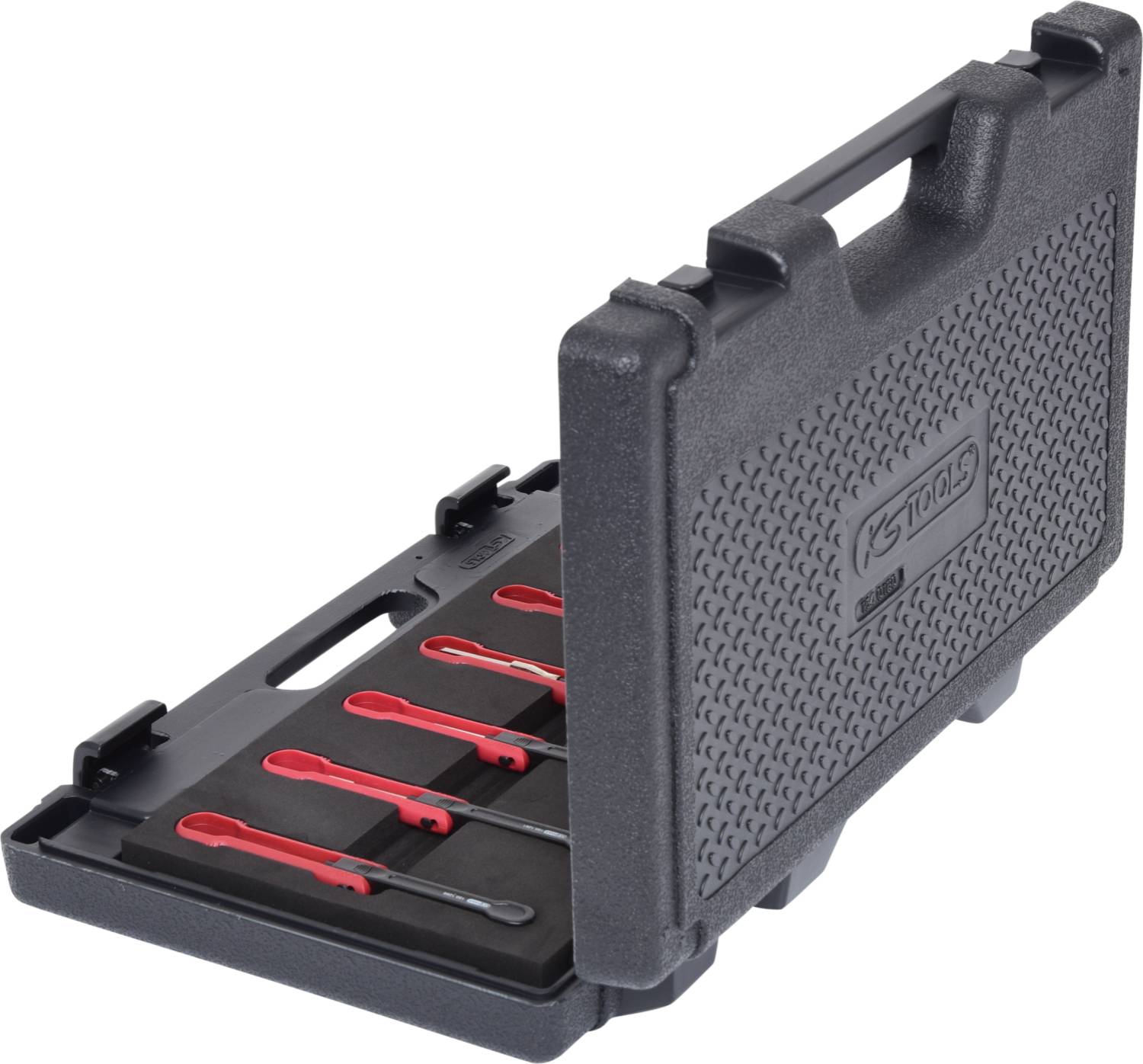 Czarny otwarty kufer na narzędzia z czerwonymi śrubokrętami różnych rozmiarów, ułożonymi w piankowej wkładce.